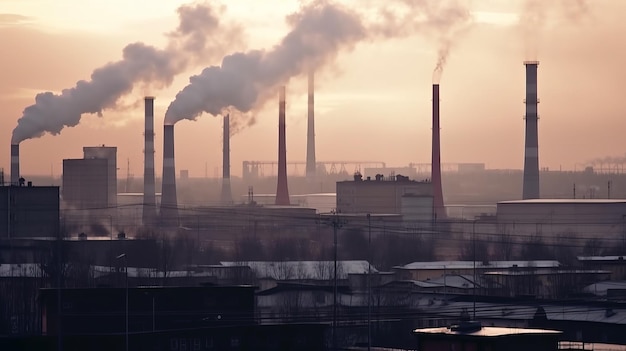 vue sur les cheminées des bâtiments industriels avec une épaisse fumée provoquant un coucher de soleil sur la pollution de l'air