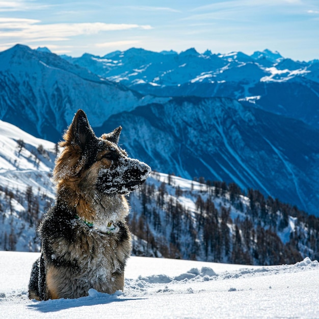 Vue d'un chien sur une montagne enneigée