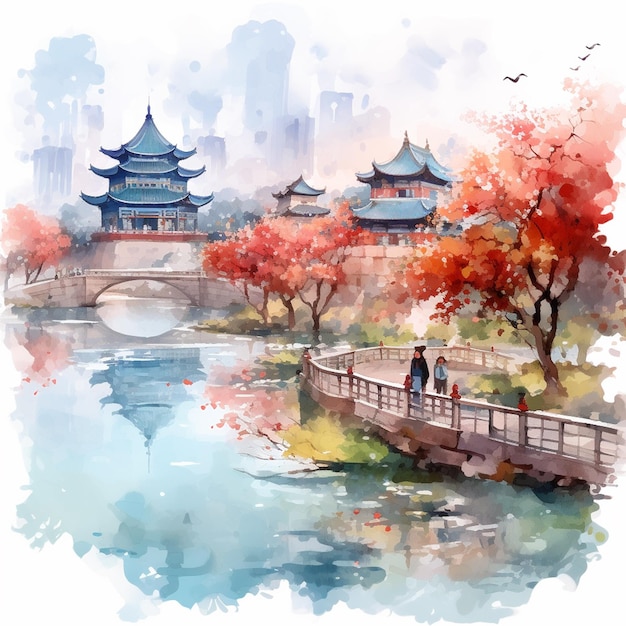 Vue Chinoise Aquarelle Peinture