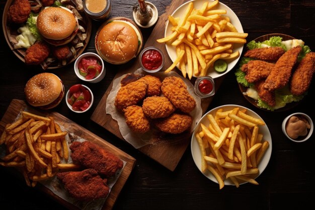 Vue ci-dessus d'une table de buffet avec divers plats à emporter ou à livrer comme des pizzas, des hamburgers, du poulet frit