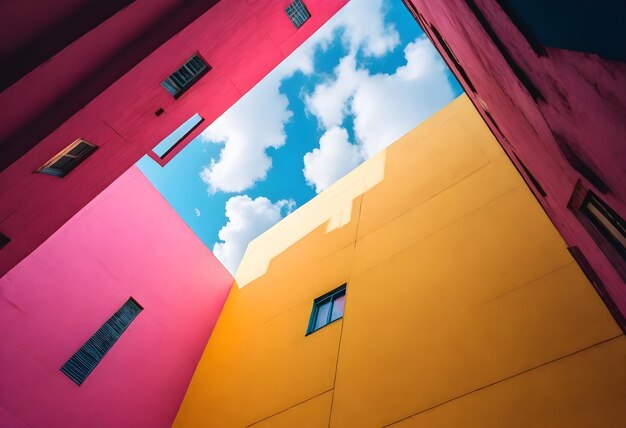 Une vue sur un ciel bleu vibrant encadré par les bords de bâtiments roses et jaunes