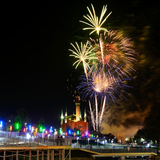 Vue sur le ciel nocturne et de beaux feux d'artifice explosant dans la ville