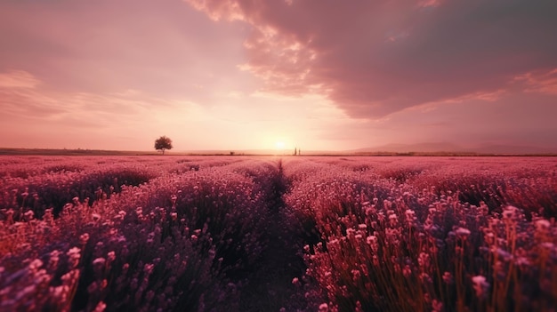 Vue cinématographique sur le terrain de la fleur de lavande