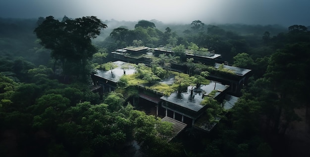 vue de la colline drone cinématographique vue de haut jungle et brouillard ancie