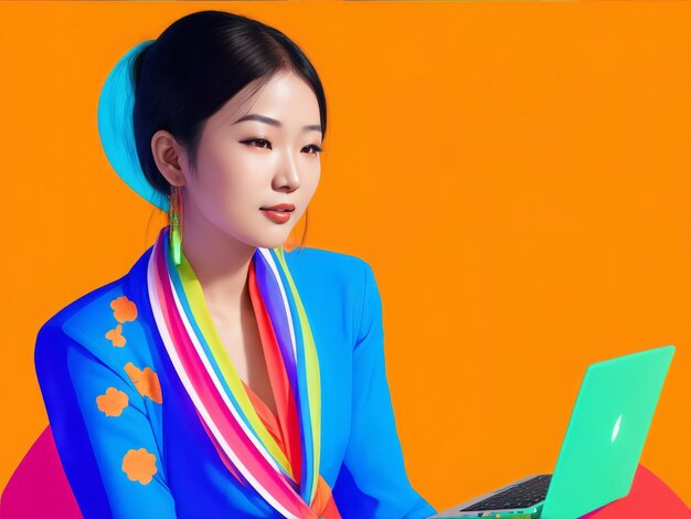 Photo vue colorée du quartier femme asiatique ordinateur portable cyan fond de couleur vibrante
