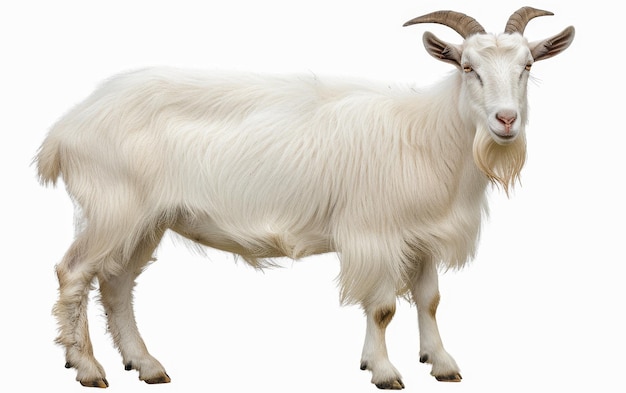 Vue complète de côté d'une chèvre blanche sereine avec une longue fourrure et des cornes incurvées isolée sur un fond blanc