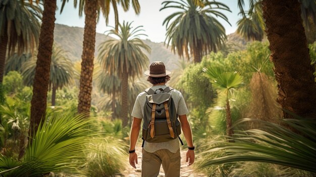 Vue complète du corps d'un randonneur masculin de derrière marchant à travers une forêt de palmiers