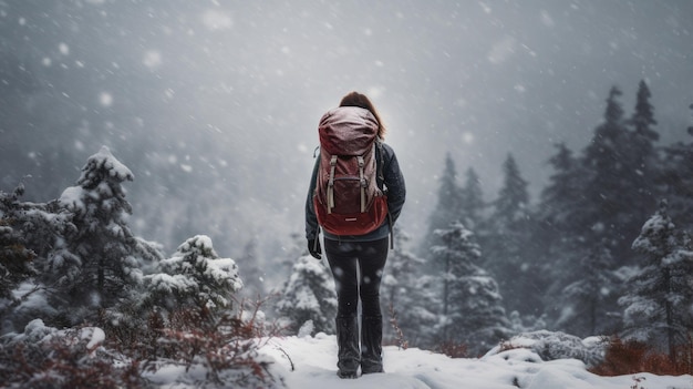 Vue complète du corps d'une randonneuse par derrière, debout dans une tempête de neige