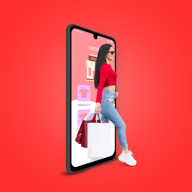 Vue complète de la femme faisant des achats en ligne