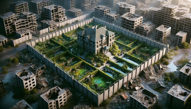 vue d'un complexe post-apocalyptique situé dans les ruines de ce qui était autrefois un quartier de banlieue