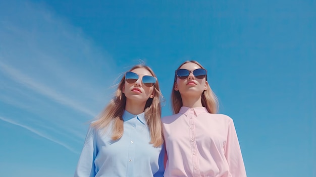 vue en contre-plongée de deux filles avec des lunettes de soleil