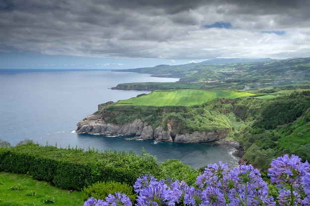 Vue sur la côte et les falaises avec une végétation abondante dans la journée avec des nuages. Sao Miguel. Île des Açores. le Portugal