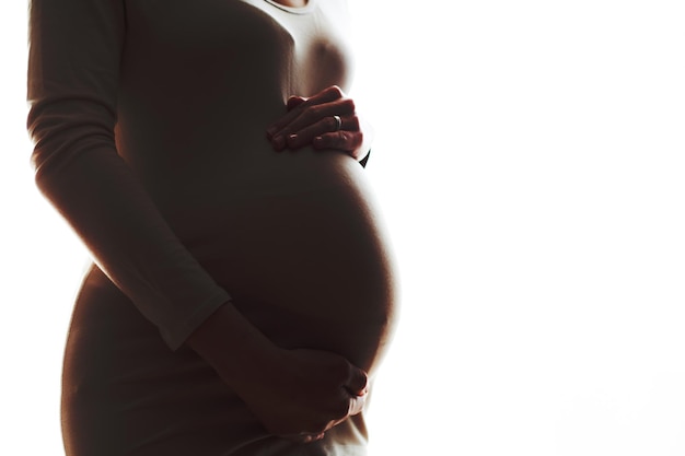 vue côté, gros plan, photo, de, femme enceinte, debout, contre, les, fenêtre, enceintes, silhouette