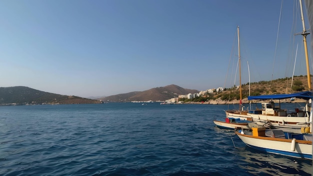 Vue de la côte de Kas avec des bateaux et des collines verdoyantes