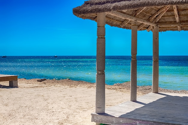 Vue sur la côte méditerranéenne avec plage de sable blanc et bungalows sur le rivage et un palmier vert sur l'île de Djerba, Tunisie