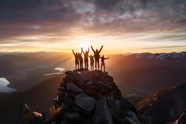 Photo vue sur le coucher du soleil depuis un sommet de montagne avec des grimpeurs célébrant la journée nationale de l'alpinisme