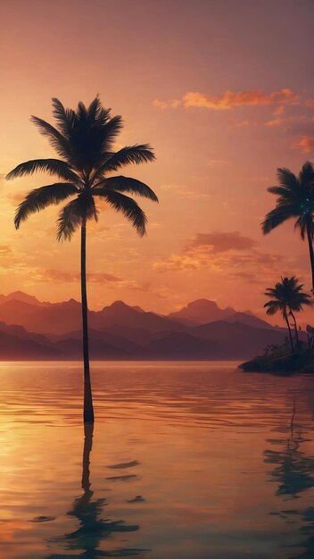 Vue d'un coucher de soleil avec des palmiers et un plan d'eau générateur ai