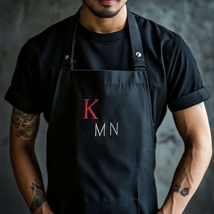 Photo vue coupée d'un homme tatoué en tablier noir tenant un panneau de cuisine