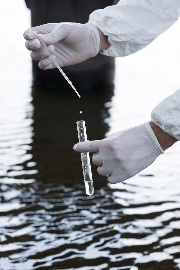Photo vue coupée de l'inspecteur de l'eau dans des gants en latex prenant un échantillon d'eau à la rivière