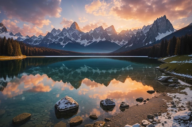 Photo vue à couper le souffle du coucher de soleil sur le lac de fusine avec le pic de mangart en arrière-plan