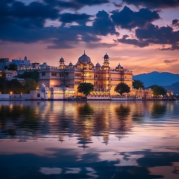 Vue à couper le souffle du palais de la ville d'Udaipur se reflétant dans le lac Pichola