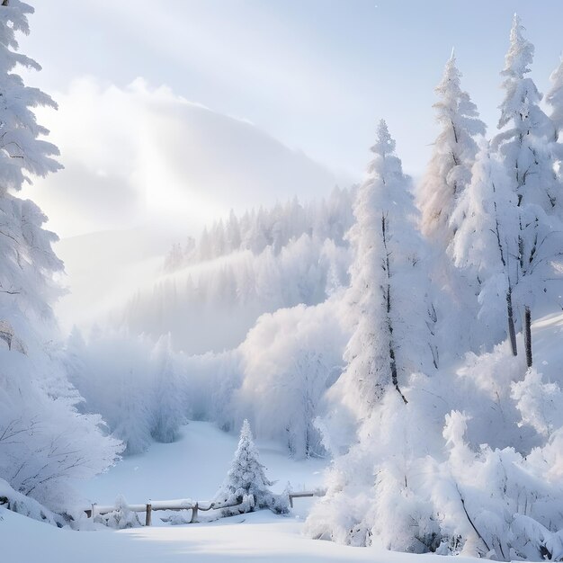 Photo vue à couper le souffle d'une forêt couverte de neige au coucher du soleil générée par ai