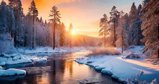 vue à couper le souffle d'une forêt couverte de neige au coucher du soleil en norvège