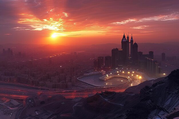 Vue à couper le souffle de la Mecque au coucher du soleil à la veille de l'Aïd al-Adha