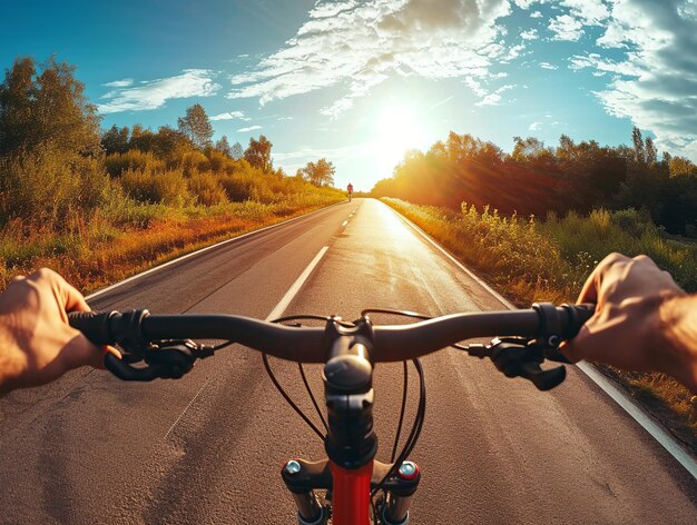 Vue d'un cycliste à vélo sur la route au coucher du soleil