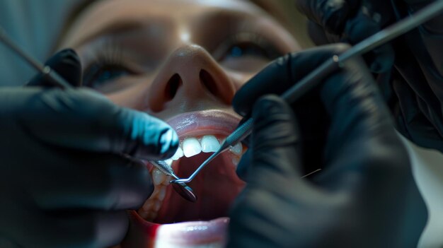 Photo vue dans une bouche dans laquelle un dentiste portant des gants en caoutchouc noir effectue un traitement prophylactique