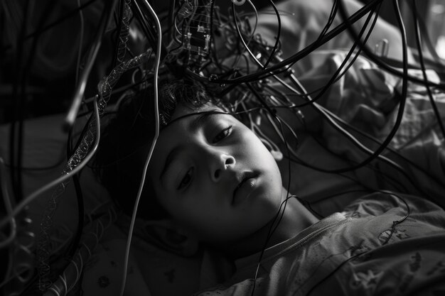 La vue déchirante d'un garçon de dix ans connecté à un réseau de fils et de tubes sa vulnérabilité palpable dans la chambre d'hôpital