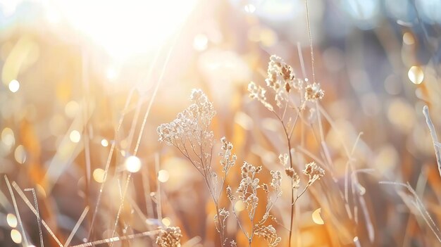 vue défocalisée de fleurs sauvages séchées et d'herbe dans une prairie en hiver ou au printemps