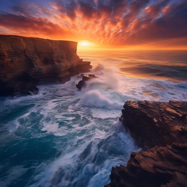 Vue dégagée d'un coucher de soleil sur l'océan avec des vagues se brisant ai générative