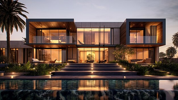 Vue dégagée d'une maison moderne avec piscine et palmiers ai génératif