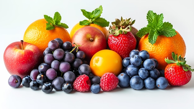 Vue de délicieuses pommes fraîches, raisins de Malte et autres fruits sur un fond blanc