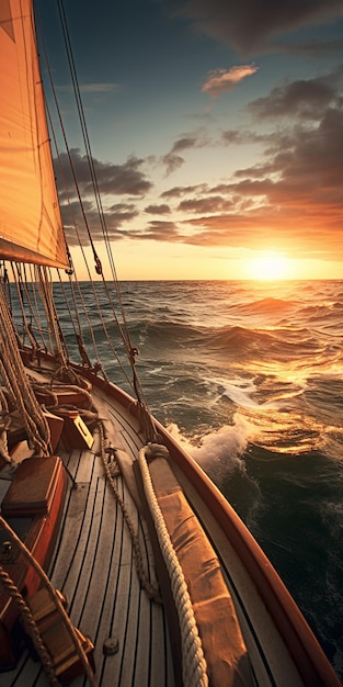 une vue depuis l'avant d'un voilier dans l'océan à voile, peinture du bateau