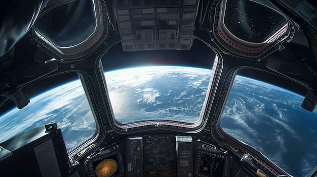 Vue depuis le cockpit d'une navette spatiale avec la Terre visible à travers les fenêtres alors qu'elle orbite la planète