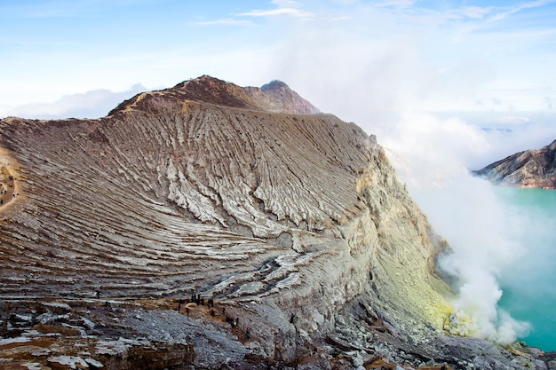 Vue depuis le cratère Ijen La fumée de soufre à Kawah Ijen Vocalno en Indonésie