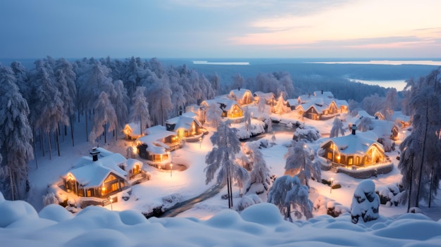 Vue depuis un drone d'un hôtel d'hiver dans la forêt Un voyage de Noël dans un conte de fées hivernal
