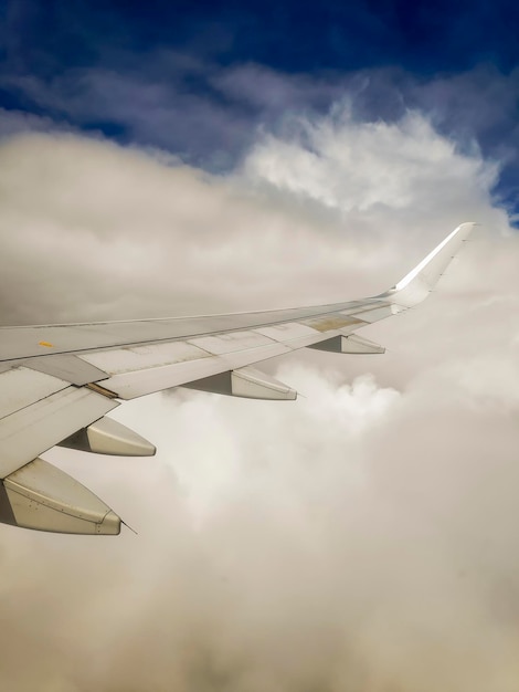 Vue depuis la fenêtre de l'aile d'un avion volant au-dessus des nuages et d'un ciel bleu