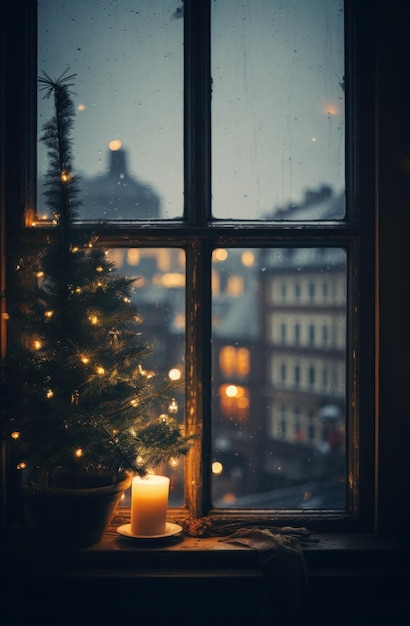 La vue depuis une fenêtre avec un arbre de Noël