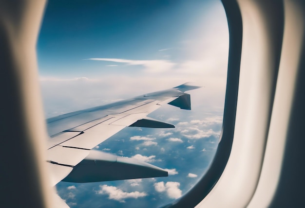 Vue depuis la fenêtre de l'avion sur l'aile et les nuages