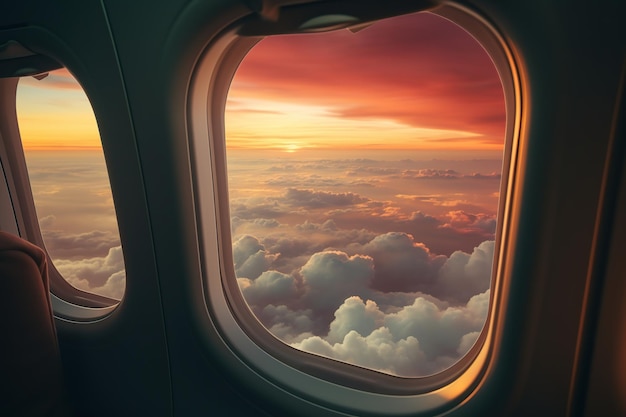 Vue depuis la fenêtre de l'avion sur les nuages avec le coucher du soleil