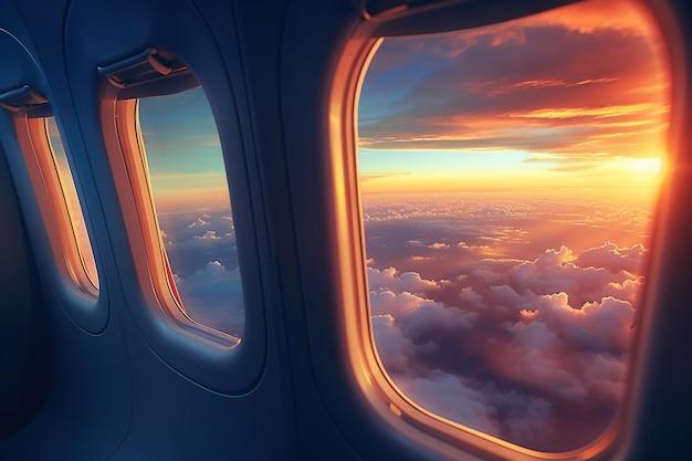 Vue depuis la fenêtre de l'avion sur les nuages avec le coucher du soleil