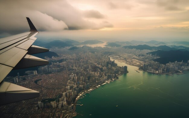 Vue depuis la fenêtre de l'avion survolant la ville de Hong Kong IA générative