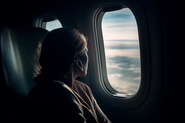 Une vue depuis la fenêtre d'un avion Voler au-dessus du sol vue au-dessus d'un abîme volant Belle vue panoramique du coucher de soleil à travers la fenêtre de l'avion Chemin de sauvegarde de l'image pour l'avion à fenêtre Generative AI