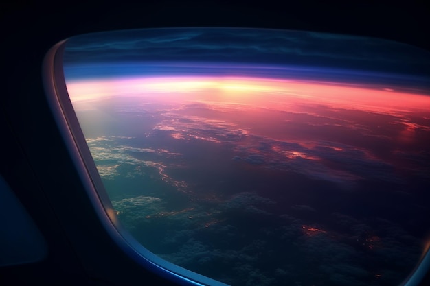 Une vue depuis la fenêtre d'un avion Voler au-dessus du sol vue au-dessus d'un abîme volant Belle vue panoramique du coucher de soleil à travers la fenêtre de l'avion Chemin de sauvegarde de l'image pour l'avion à fenêtre Generative AI