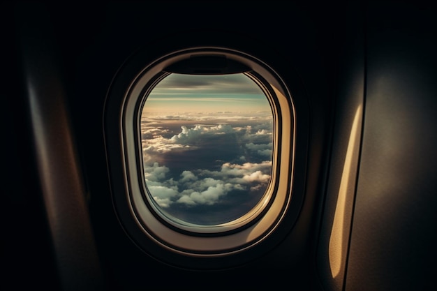 Une vue depuis la fenêtre d'un avion Voler au-dessus du sol vue au-dessus d'un abîme volant Belle vue panoramique du coucher de soleil à travers la fenêtre de l'avion Chemin de sauvegarde de l'image pour l'avion à fenêtre Generative AI