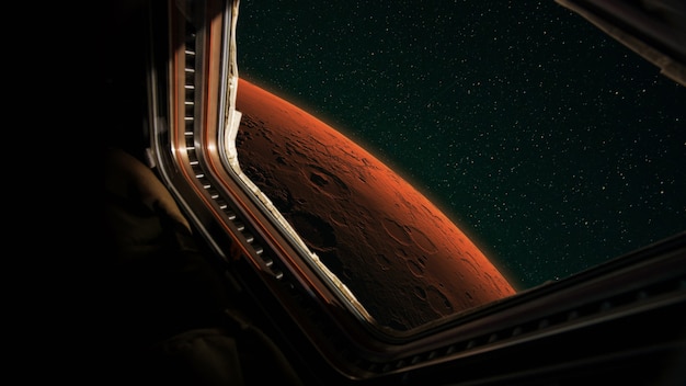 Vue depuis la fenêtre d'une mission de vaisseau spatial vers la planète rouge Mars. Le vaisseau spatial vole vers Mars, concept. Voyage et exploration de la planète rouge