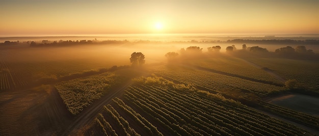 Vue depuis la hauteur du champ au coucher du soleilVue aérienne Prise de vue panoramique AI générative